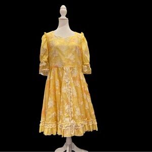 🌼 Vintage Handmade Yellow Floral Lace Cottagecore Dress w/ Sparkle Detail